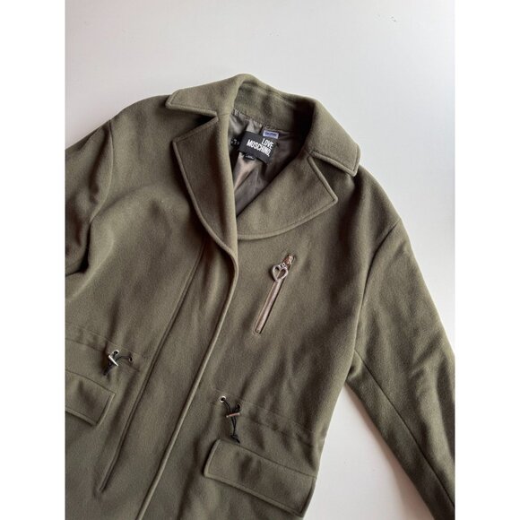 LOVE MOSCHINO Olive Green Felted Wool Car Coat, Size 2 - Picture 6 of 15